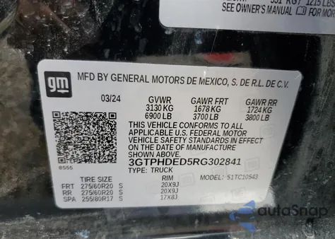 2024 GMC Sierra C1500 Slt z USA, uszkodzony, nr VIN 3GTPHDED5RG302841